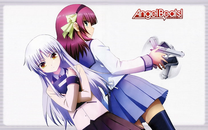 girl with blue haired anime character, angel beats, girls, guns, HD wallpaper