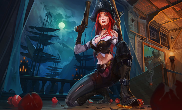 girl pirate holding revolver digital wallpaper, pistol, redhead
