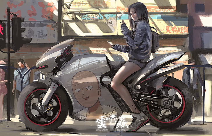digital art, artwork, anime girls, motorcycle, Saitama, One-Punch Man