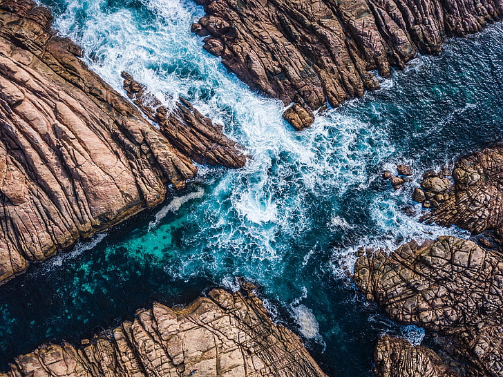 body of water, rocks, sea, waves, aerial view, turquoise, beauty in nature