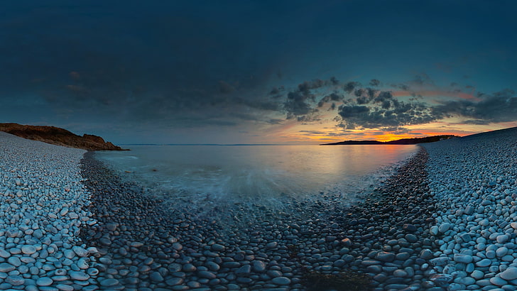 body of water, beach, sunset, rock, sea, nature, sky, pebble