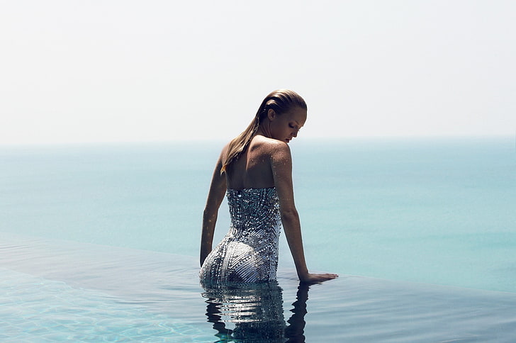 women, model, swimming pool, sea, water, horizon over water