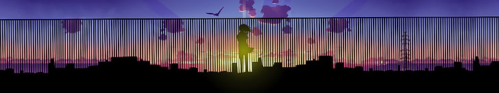 silhouette of girl wallpaper, anime, city, sunset, horizon, multiple display