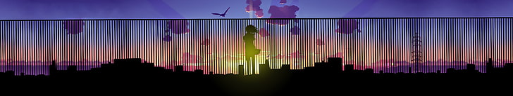 triple screen, anime, multiple display, city, sunset, horizon, HD wallpaper