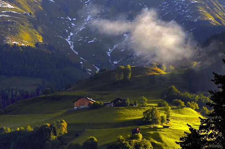 house on open field wallpaper, landscape, nature, Austria, mountains, HD wallpaper