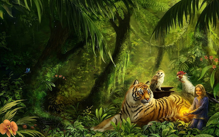 HD wallpaper: girl with forest animals digital art, tiger, figure, beauty,  jungle | Wallpaper Flare