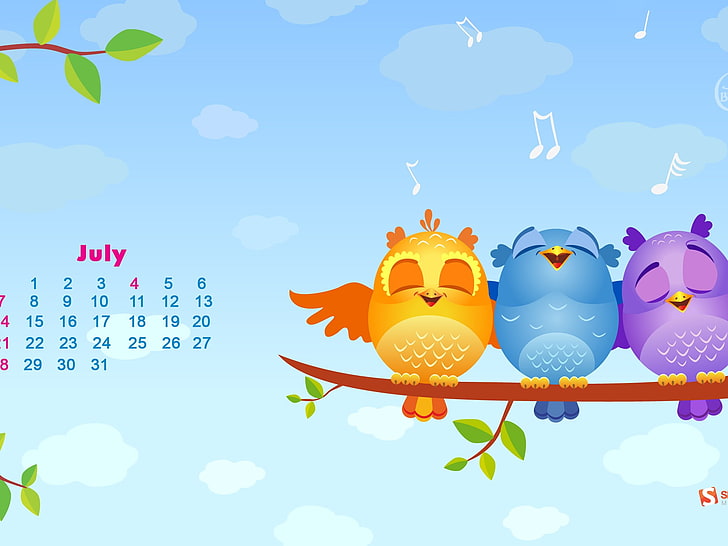 Cute Birds-July 2013 calendar desktop wallpapers, three assorted-color birds wallpaper, HD wallpaper