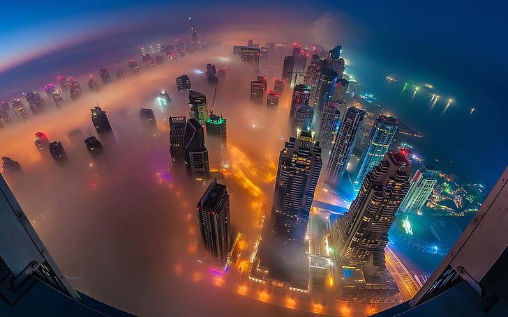 Dubai In Fog Night Photograph From Air United Arab Emirates Desktop Hd Wallpape 2560×1600