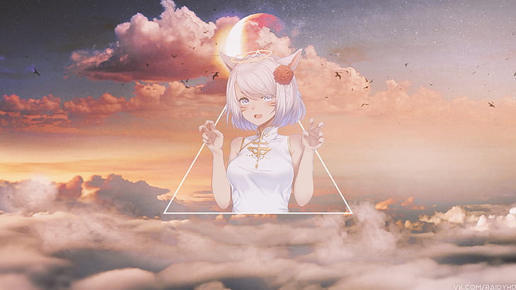 anime girls, picture-in-picture, animal ears, sky