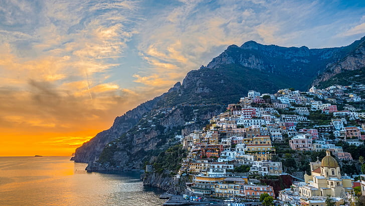 Positano at Sunset, Amalfi Coast, Italy, Europe