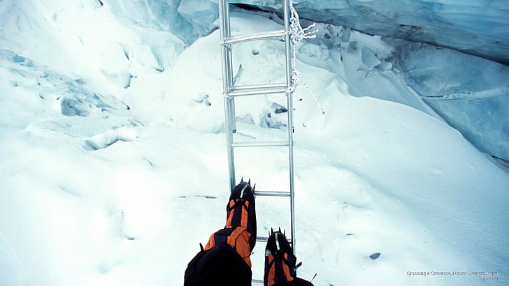 Crossing a Crevasse, Mount Everest, Nepal, Mountains