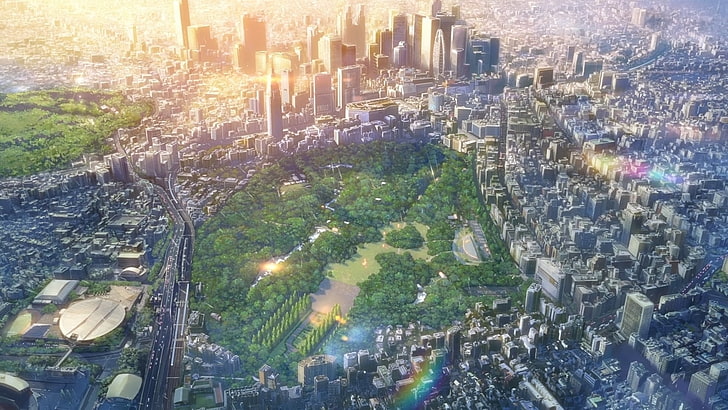 artwork of city skyline near park, sunset, The Garden of Words, HD wallpaper