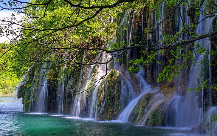 green and brown tree painting, nature, landscape, waterfall, beauty in nature, HD wallpaper