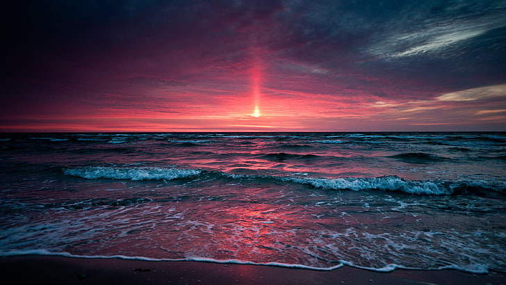 horizon, sea, sky, ocean, shore, sunset, dusk, wave, beach, HD wallpaper