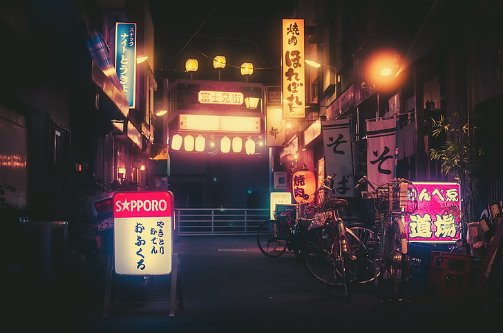 assorted LED signages, Japan, arch, neon, Sapporo, bicycle, kanji, HD wallpaper