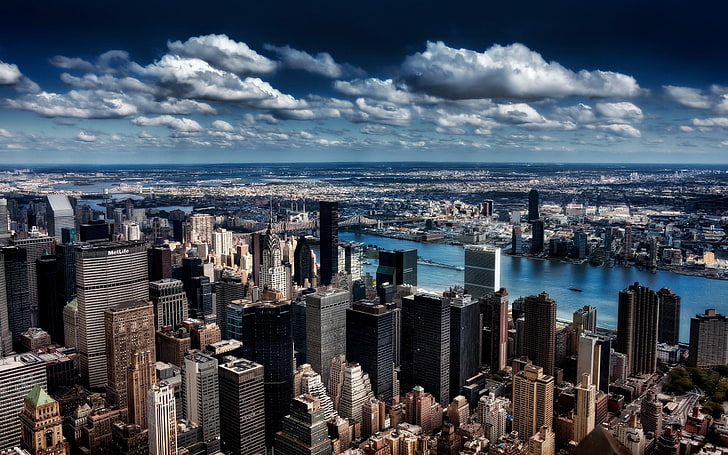 high-rise buildings, skyscraper, city, New York City, HDR, clouds
