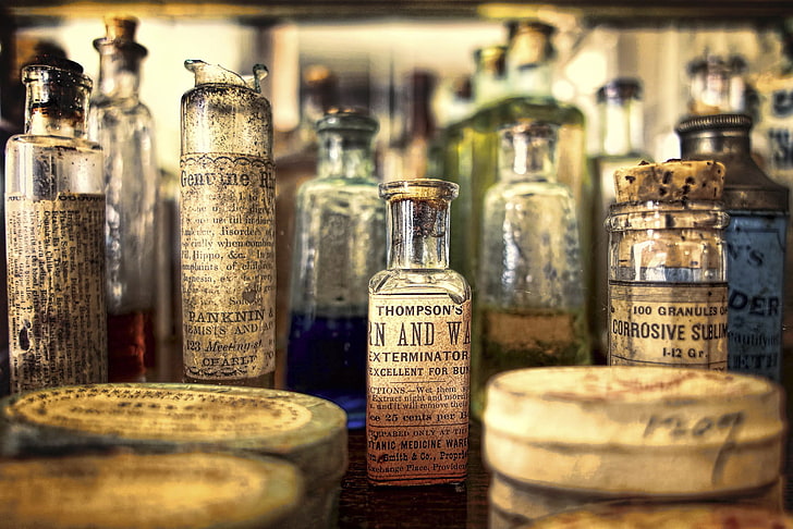 old, vintage, bottles, container, indoors, selective focus