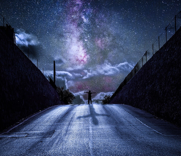 nebula, road, silhouette, night, direction, the way forward, HD wallpaper