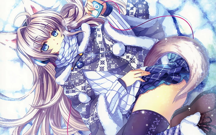 anime girls thigh highs blue eyes tail animal ears original characters winter sexy anime