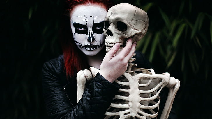 model, dark, death, women, leaves, black clothing, skeleton, HD wallpaper