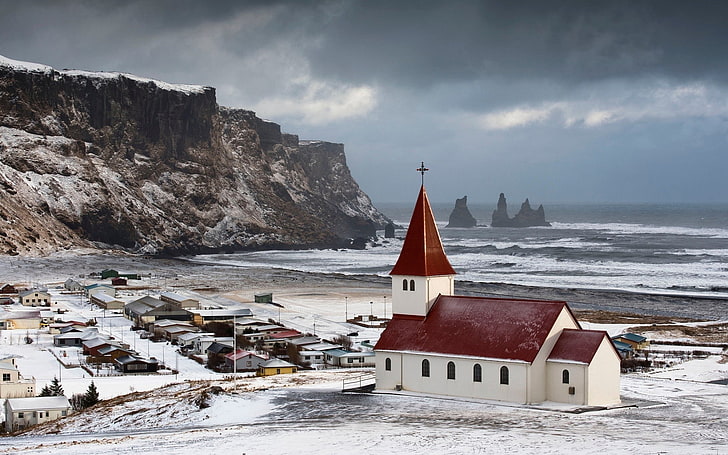 church, cliff, Iceland, landscape, sea, snow, Vik, winter, architecture