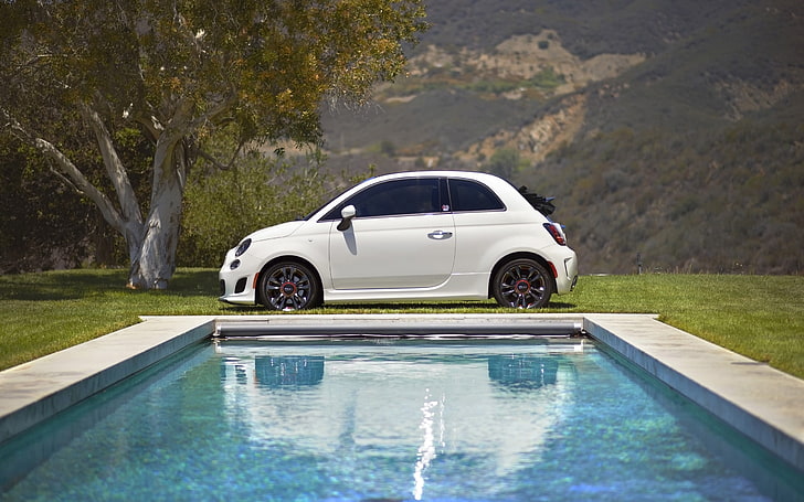 white 5-door hatchback, FIAT, car, vehicle, white cars, water, HD wallpaper