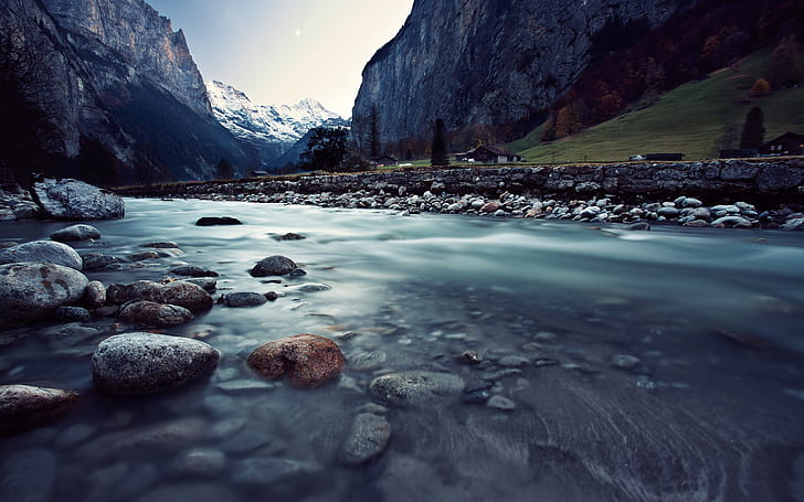 Switzerland, Lauterbrunnen, beautiful landscape, river, rocks, mountains, houses, HD wallpaper