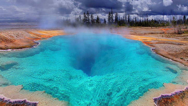 The Blue Hole Wyoming, geyser, hot springs, steam, colors, nature and landscapes, HD wallpaper