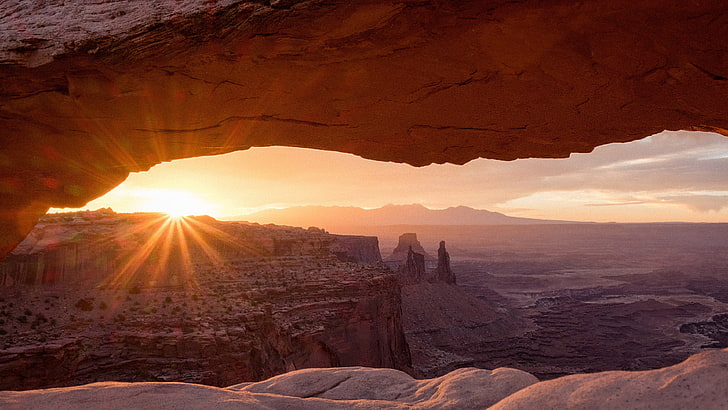 arch, sunset, sunrise, landscape, desert, lens flare, rock, HD wallpaper