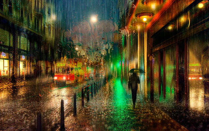 Prague, Czech, night, rain, lights, HD wallpaper