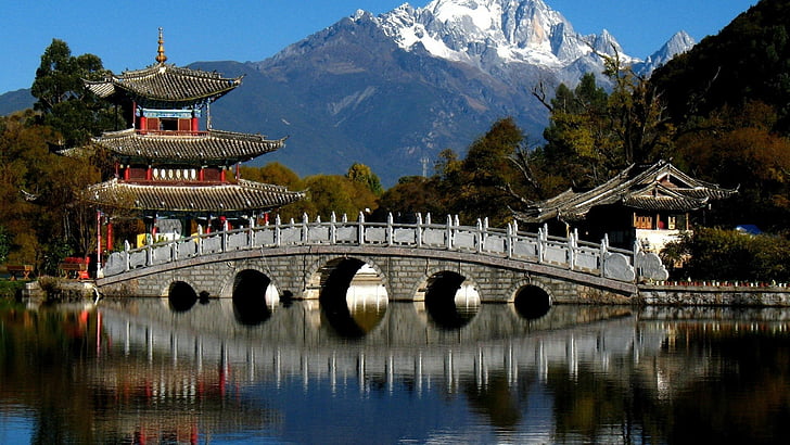 mount scenery, asia, lijiang, lake, plant, tree, japanese architecture
