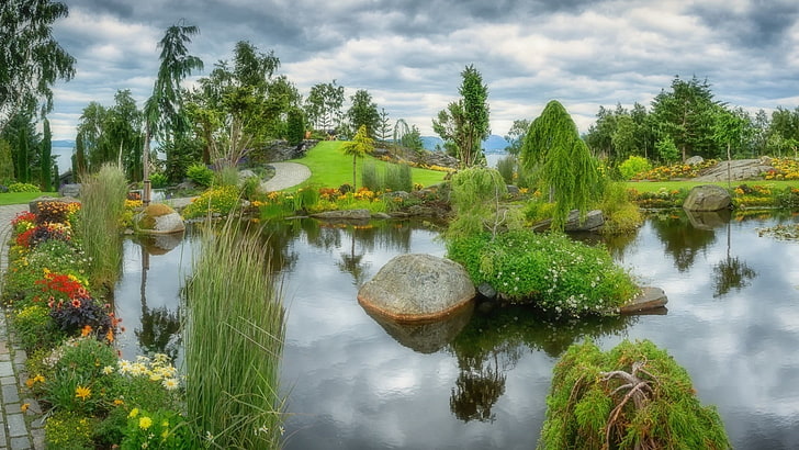 body of water and trees, landscape, garden, flowers, lake, rocks