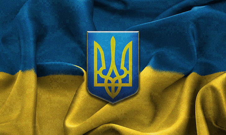 blue and yellow badge, flag, coat of arms, Ukraine, Trident, symbol
