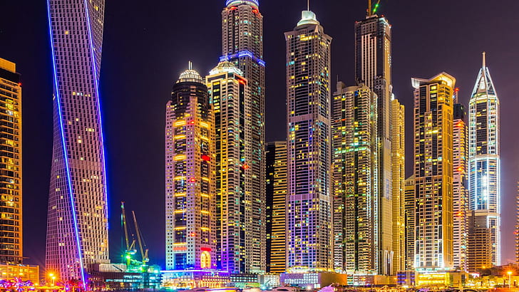 Dubai, city, skyscrapers, buildings, night, lights, colorful, brilliant, urban scenery, lighted city buildings