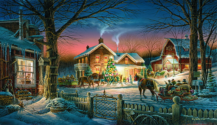 Christmas village painting, winter, the sky, snow, trees, holiday, HD wallpaper