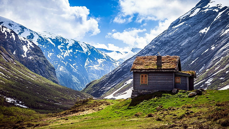 gray wooden wall house, nature, landscape, hills, grass, Norway, HD wallpaper