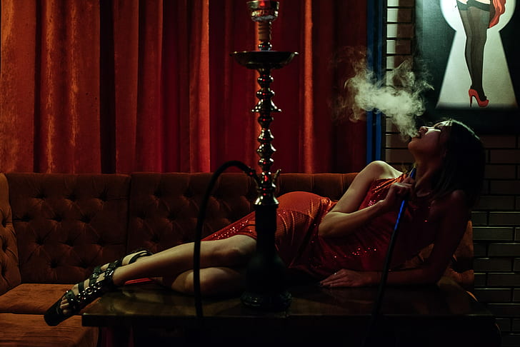 Gene Oryx, red, smoking, women, model, dark, Hookah, HD wallpaper
