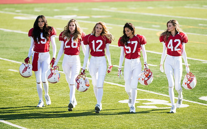 Women, Adriana Lima, Candice Swanepoel, Lily Aldridge, Behati Prinsloo, Group of Women, American Football, Doutzen Kroes, Helmet, Sports
