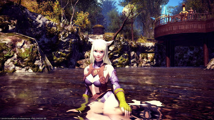 female anime character wearing white and purple shirt, Final Fantasy XIV