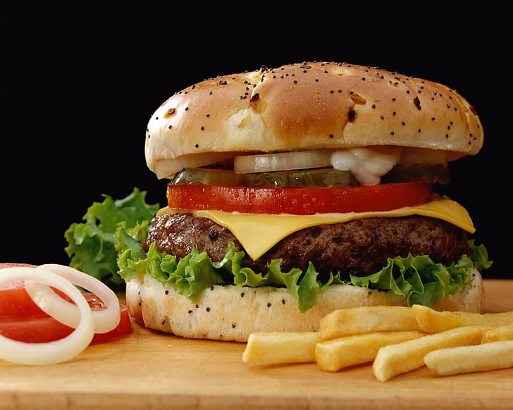 burger with tomato, onion, and cheese, hamburger, onions, food