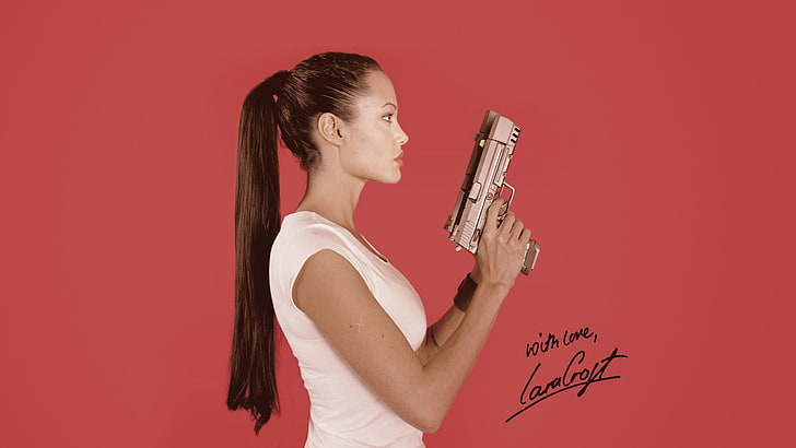 Angelina Jolie, actress, celebrity, Lara Croft, pistol, women, HD wallpaper