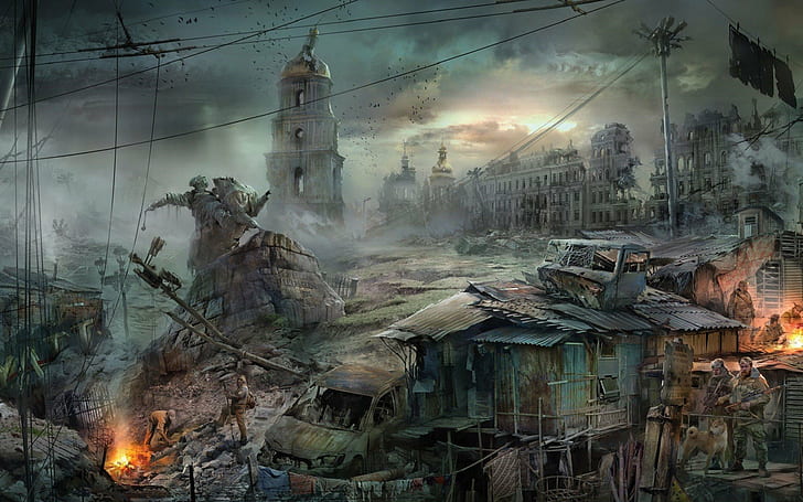 war apocalyptic ruin ukraine kiev statue dystopian, architecture