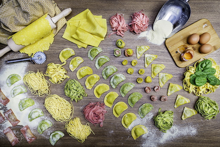 food, pasta, eggs, flour, rolling pin, basil, spaghetti, linguini, HD wallpaper