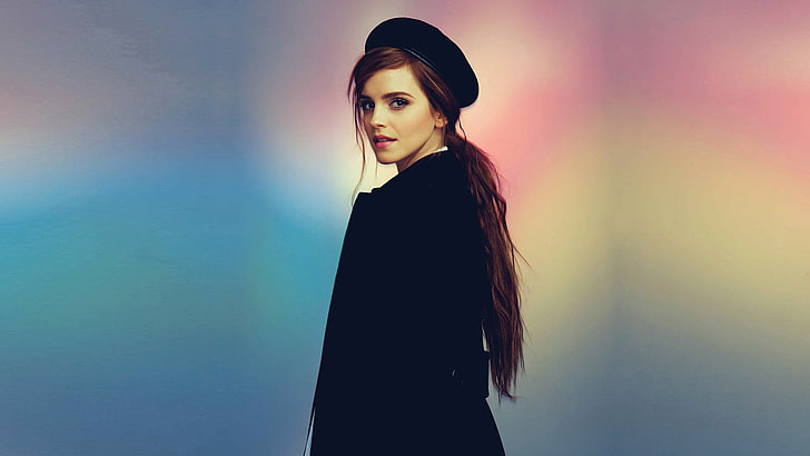 Emma Watson, actress, women, hat, colorful, long hair, brunette, HD wallpaper