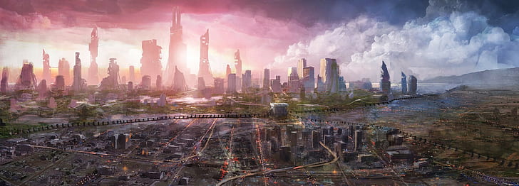 futuristic city, science fiction, artwork, sky, clouds, cityscape