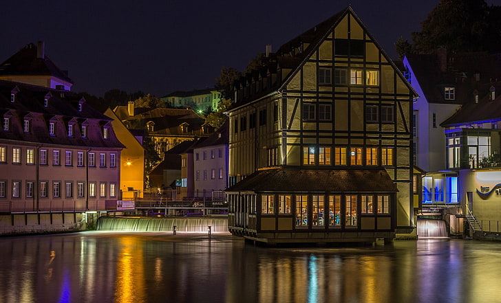 city, Bamberg, Germany, illuminated, building exterior, night, HD wallpaper