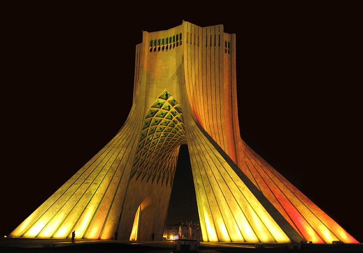 brown concrete building, Iran, Tehran, city, Azadi Square, illuminated, HD wallpaper