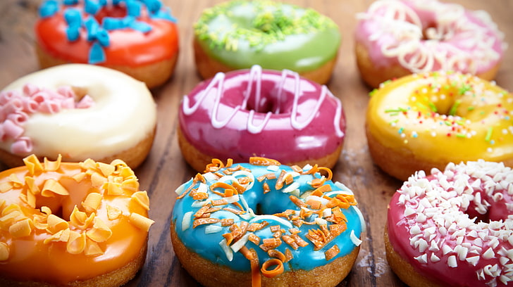 nine doughnuts with topppings, food, donuts, dessert, sweets, HD wallpaper