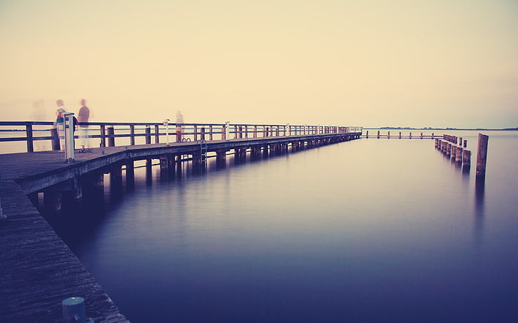 pier, sea, long exposure, water, people, sky, clear sky, railing, HD wallpaper
