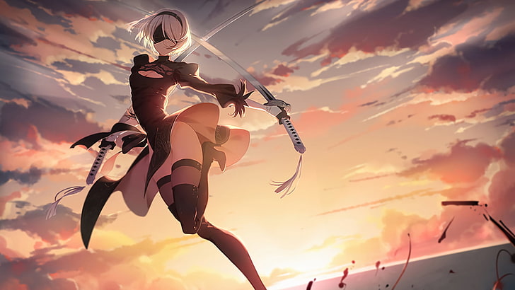 gray haired woman holding sword illustration, video games, Nier: Automata